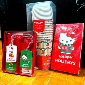 BUNDLE!! Hello kitty set of to go coffee cups, napkins. And Christmas tags!